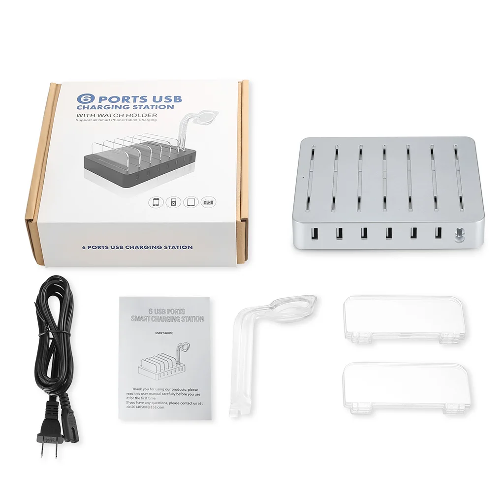 No Buzzer Multi-function Metal USB Charging Station Fast Multi-USB Charger No Buzz LED Charging Station Black/Silver