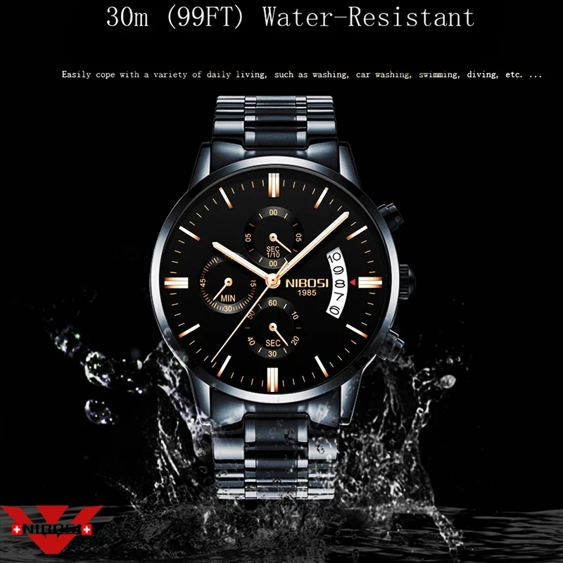 NIBOSI Mens Watches Top Brand Luxury Stainless Steel Gold Quartz Watch for Men Waterproof Calendar Chronograph Wristwatches Male