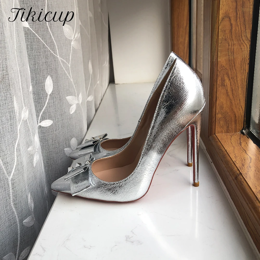 Tikicup argento opaco donna punta a punta tacco alto scarpe da festa di nozze con rivetti fiocco Sexy signore Glitter Stiletto pompe personalizza