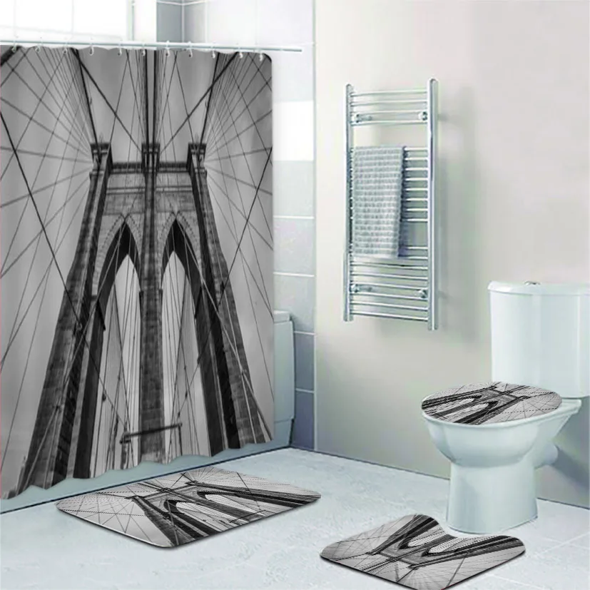 3D Black White Brooklyn Bridge New York Cityscape Shower Curtain Set for Bathroom Modern USA Urban Skyline Bath Mats Home Decor