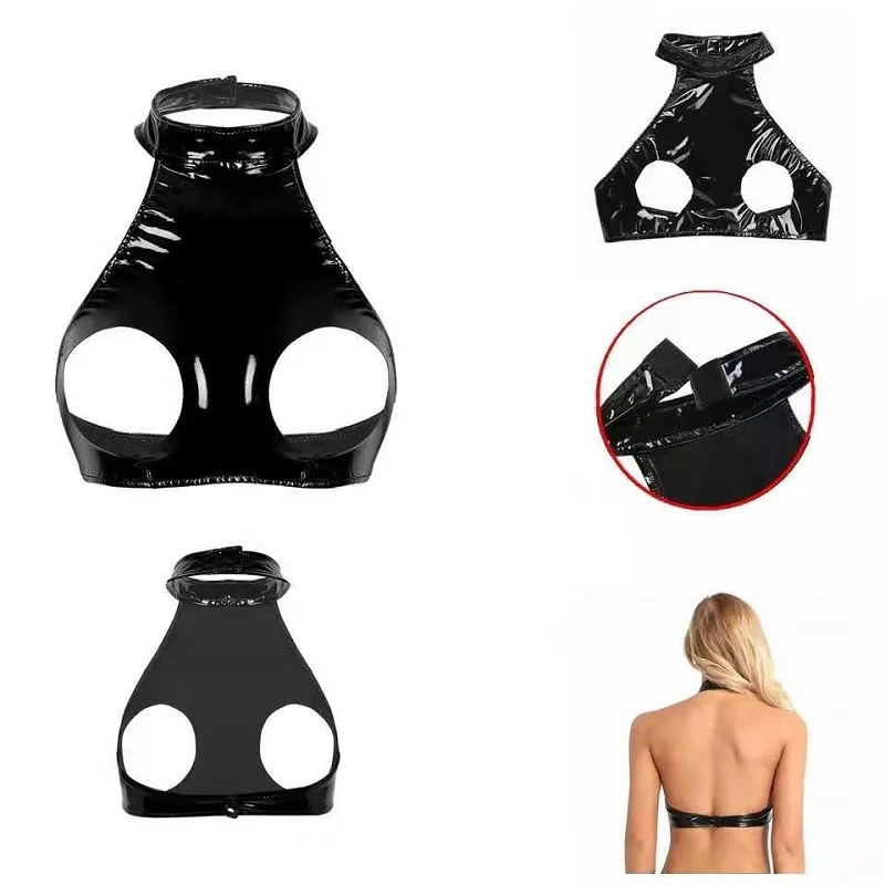 Vrouwen Sexy Wetlook Lederen Hemdje Erotische Open Cup Buste Tepel Blootgesteld Latex Halter Hals Leer Crop Tank Tops Glossy