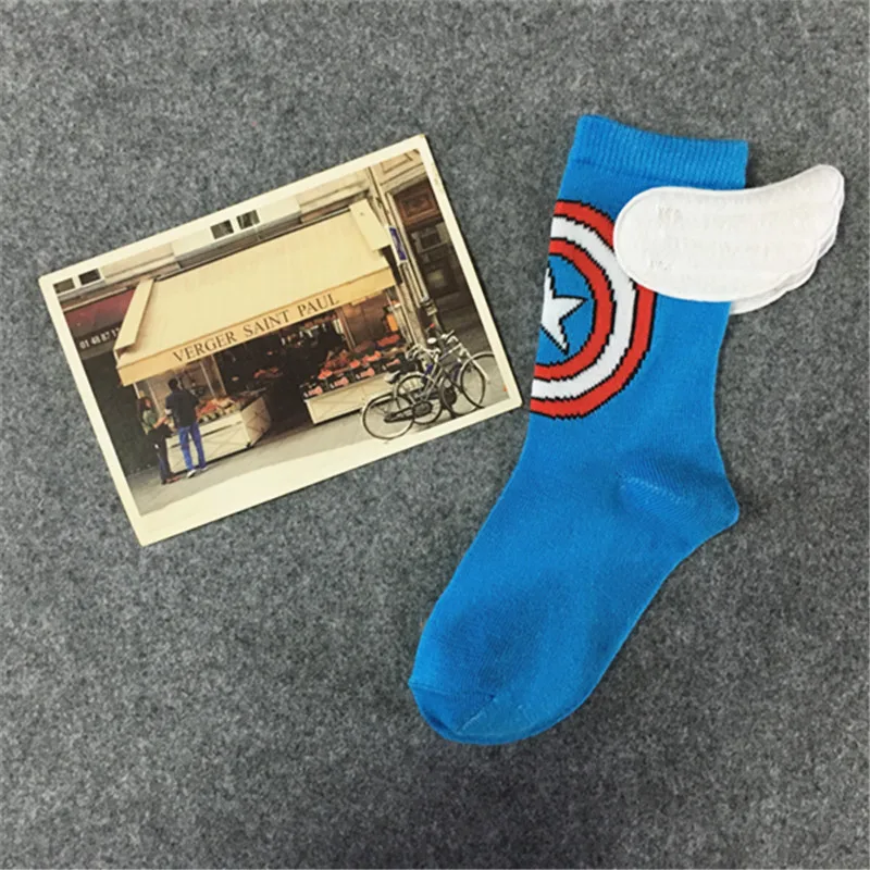 1 Pairs Boy Socks Men Cartoon Superhero Spider-man Captain America hand-stitched wings socks Casual Cotton Socks High Quality