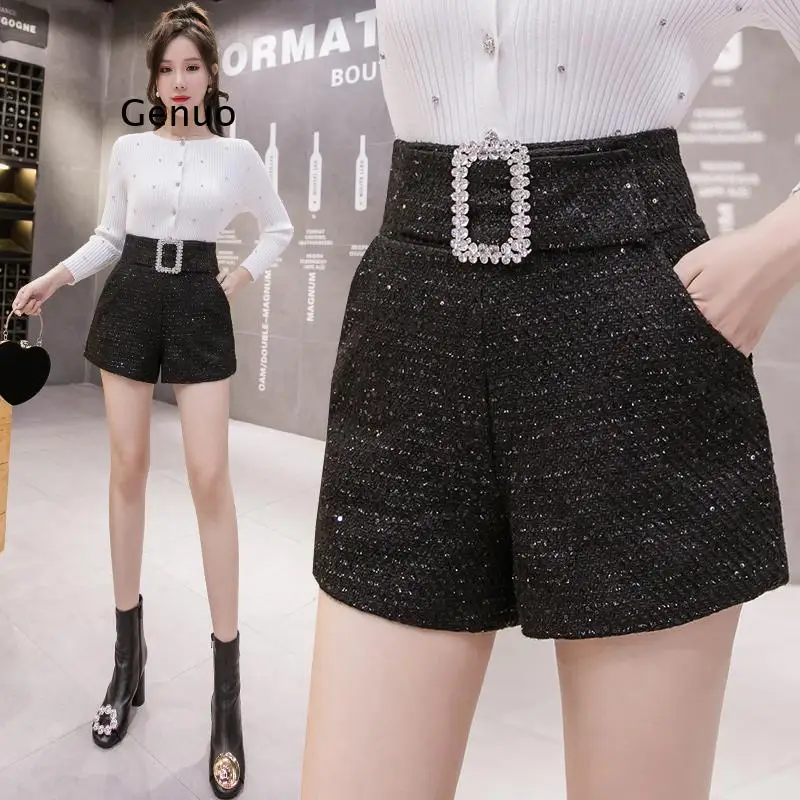 Fashion Tweed Shorts for Women Autumn Winter New Sequins Black Women Shorts Diamonds Belt High Waist Wide Leg Femme Shorts