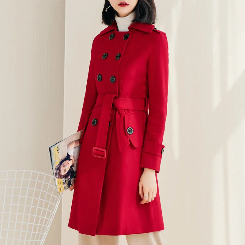 

Long Wool Coat Women Double-breasted Red Autumn Elegant Ladies Coats and Jackets Women Manteau Femme ED-503 KJ2384