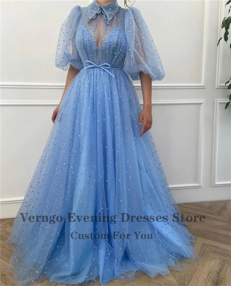 Verngo Elegante Baby Blau Gepunktete Tüll EINE linie Prom Kleider 2021 High Neck Puff Ärmeln Lange Abendkleider Vestido de fiesta