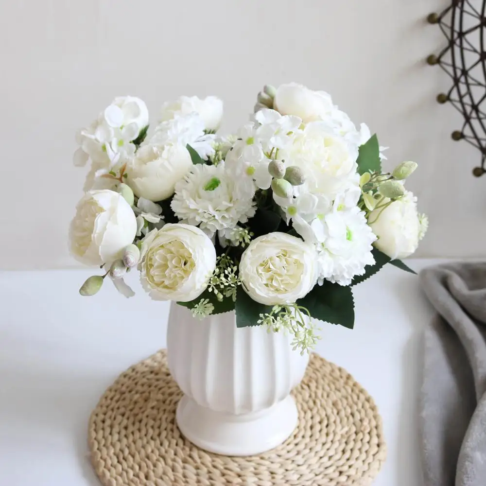 Best Selling Beautiful Miss Peony Artificial Silk Flowers Small White Bouquet Home Party Winter Wedding Decoration Fake Flowers