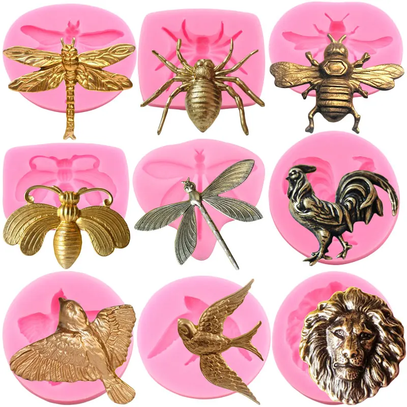 3D Dragonfly Birds Lion Silicone Molds Insect Bee Chocolate Candy Mold DIY Craft Epoxy Resin Mold Fondant Cake Decorating Tools