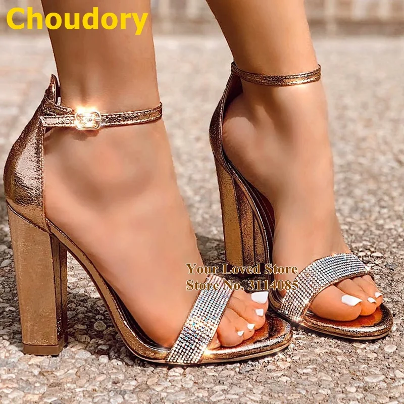 

Choudory Rose Gold Rhinestone Metallic Chunky Heels Bling Bling Crystal Strap Wedding Shoes Street Fashion Summer Shoes Size46