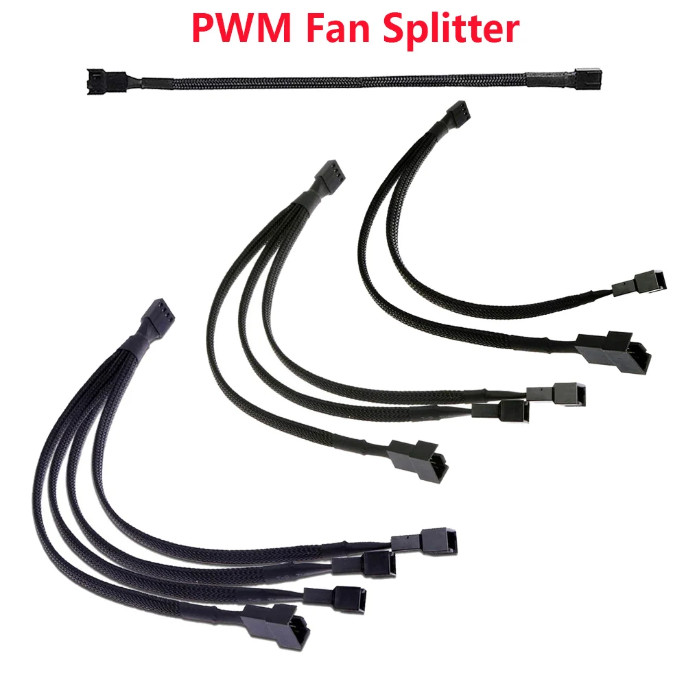 PWM Fan Splitter 4 Pin Adapter Cable 1 to 1, 2, 3 Extension Cable Connector Sleeved Braided for Desktop Computer CPU PC