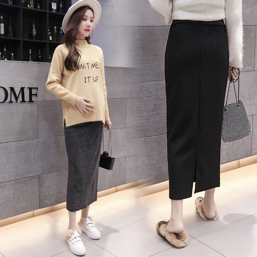 The new maternity dress half-length skirt spring and autumn new mid-length knit back slit skirt bag hip skirt fashion all-match