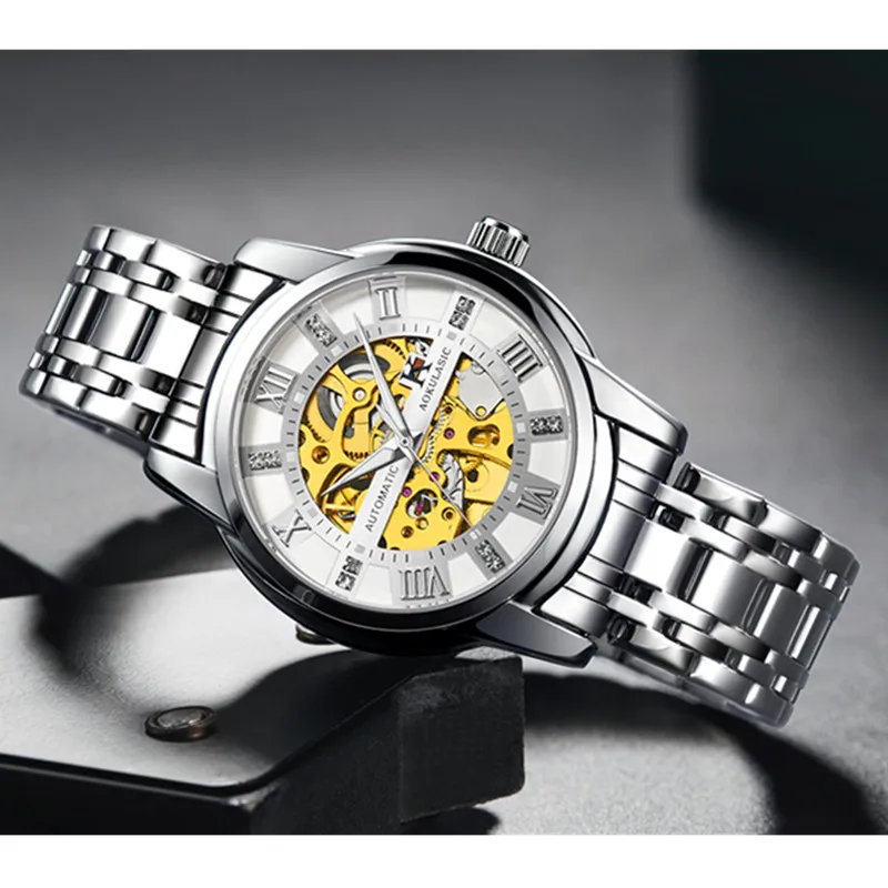 Gorben Men Automatic Skeleton Mechanical Watch Stainless Steel Band Male Self-winding Mechanical Clock Wristwatch