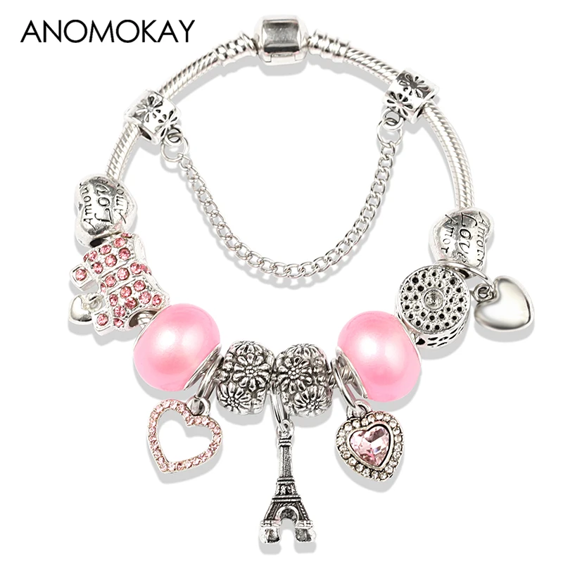 2019 New Arrival Cute Pink Crystal Heart Charm Bracelet Antique Silver Plated Love Eiffel Tower Fashion Bead Bracelet for Women