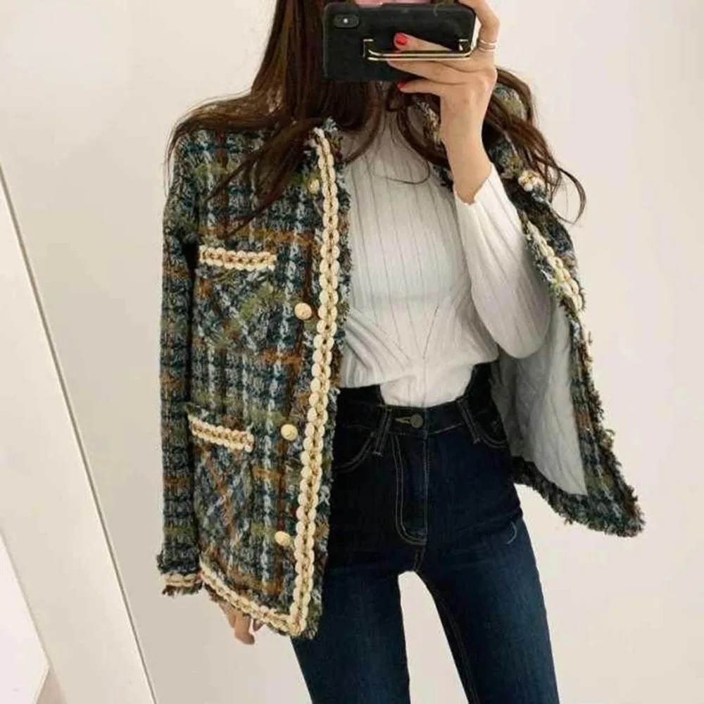 Autumn New Women Small Fragrant Wind Weave Phnom Penh Tweed Jacket 2023 New Short Ladies French Vintage Elegant Tweed Slim Top