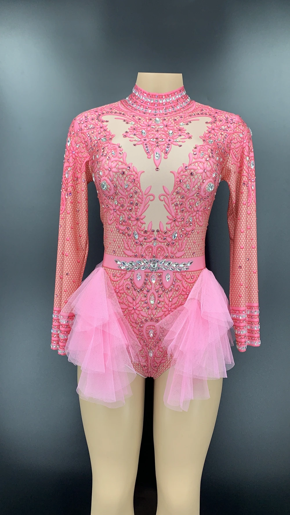 Sparkly Rhinestones Pink Lace Bodysuit Women Long Sleeve Birthday Party Outfit Dance Costume Sexy Show Performance Stage Wear