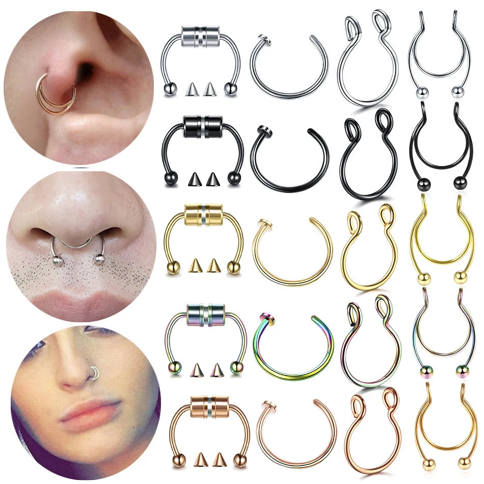 1 قطعة الفولاذ المقاوم للصدأ وهمية الأنف الدائري هوب الحاجز خواتم C كليب الشفاه الدائري القرط للنساء وهمية ثقب مجوهرات للجسم غير مثقوب
