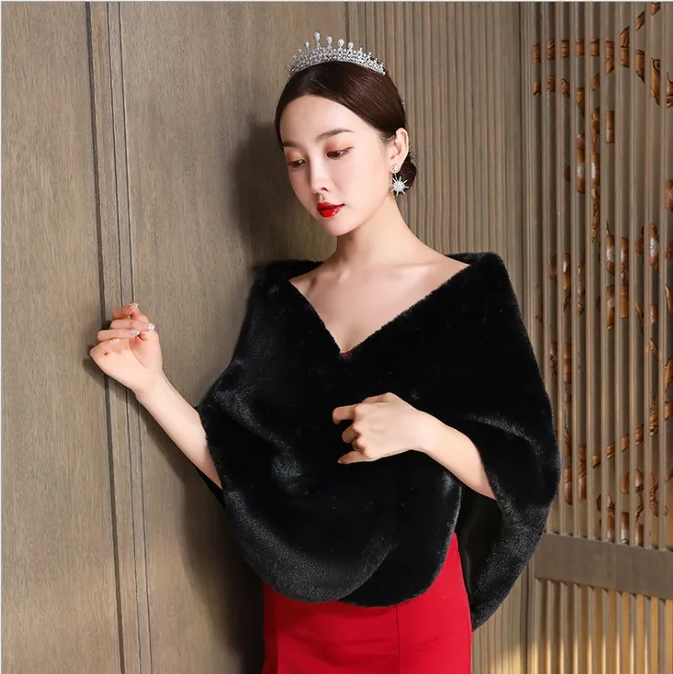 Burgundy Black Faux Fur Wrap Women Prom Evening Dress Cover Up Shawl Fashion Hamdade Shrug Fur Stole Wedding Jacket Accessories