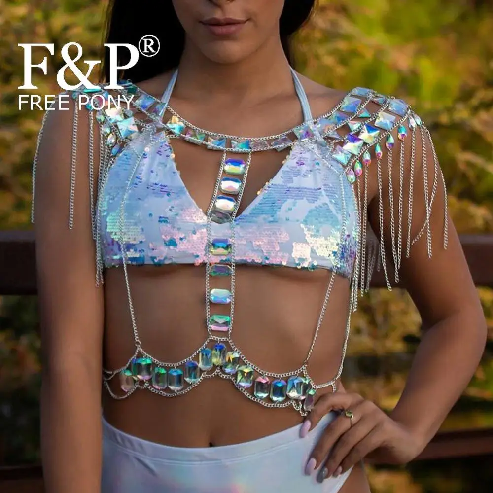 

Holographic Dancer Rave Body Chest Chain Top Burning Man Festival Top Carnival Costume Gogo Pole Dance Wear Clothes