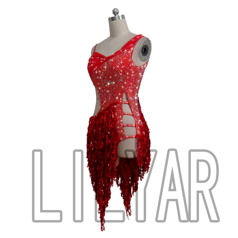 New Latin Dance  Competition Performance Dress Adult Red Cut-Out Sequin Sexy Dance Dress