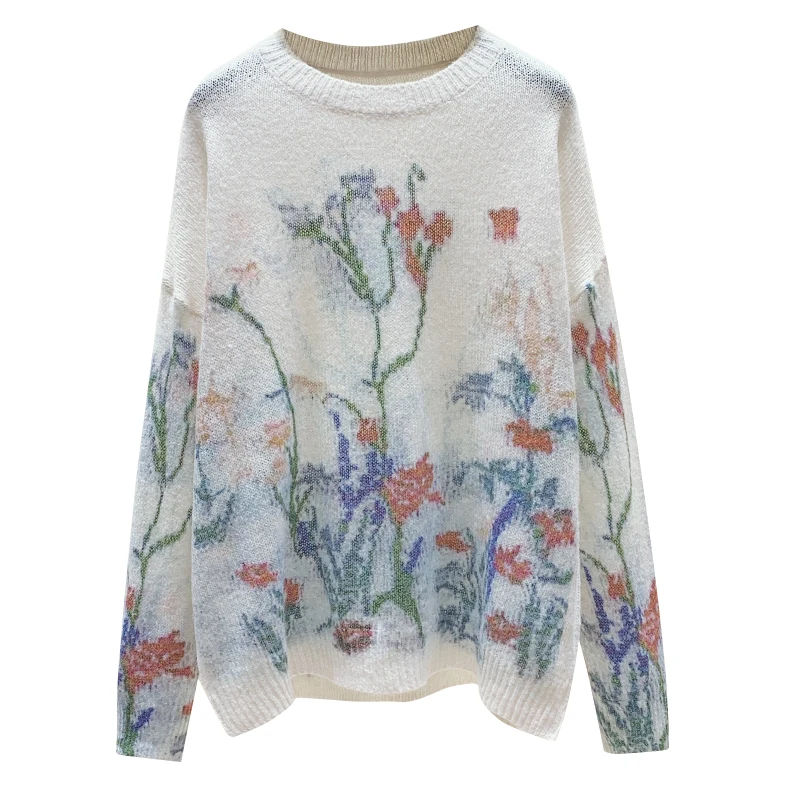 women floral print mohair sweater loose casual long sleeve kint jumper fashion oversized pullover jersey mujer