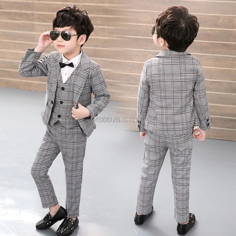 Vest + Blazer + Pants +Tie 4pcs Kids Boys Formal Wedding Suit Gentleman Tuxedo Dress Children Party Costume Clothing 2-12T