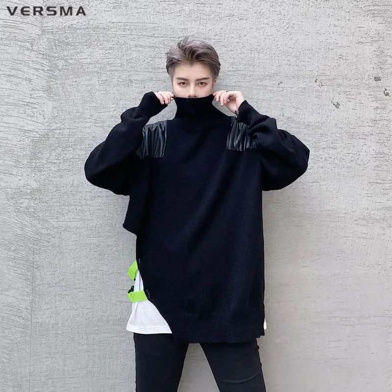 

VERSMA Korean Trendy Leather Patchwork Turtleneck Sweater Men Women Winter Oversized Vintage Streetwear BF Couple Sweaters Male