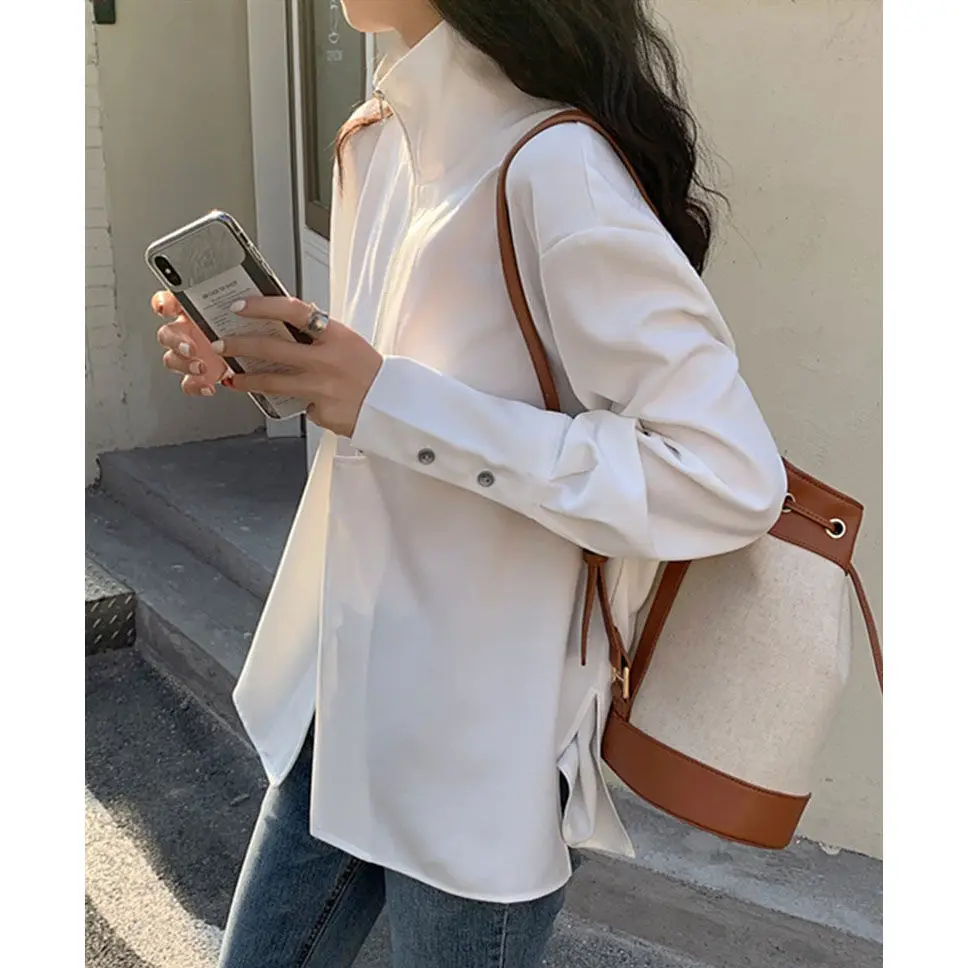 Women Blouse Long Sleeve Stand Collar Zipper Closed Tops Female Solid Color Orignal Design Loose Shirts  Lapel Black White Tops