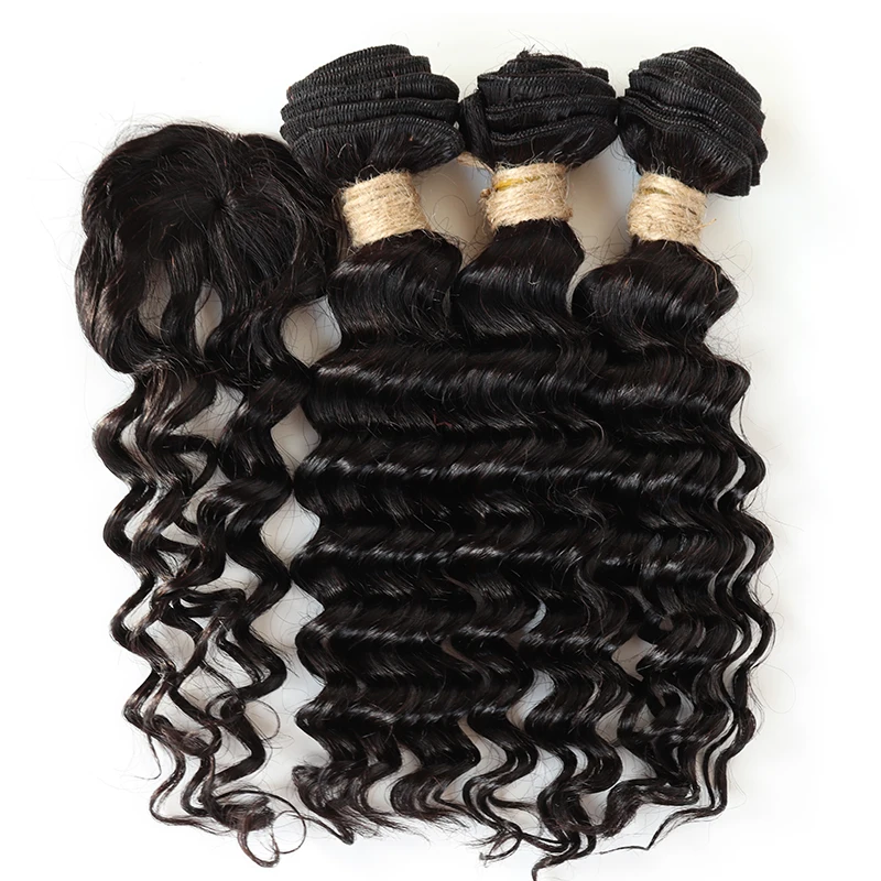 O cabelo encaracolado indiano curto bundles com fechamento circular, cabelo humano natural, Kinky