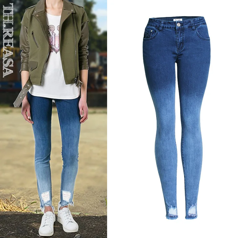 

Women Autumn New Jeans Slim Stretch Frayed Hole Gradient Color Was Thin Feet Pants Female Pencil Jeans Pants