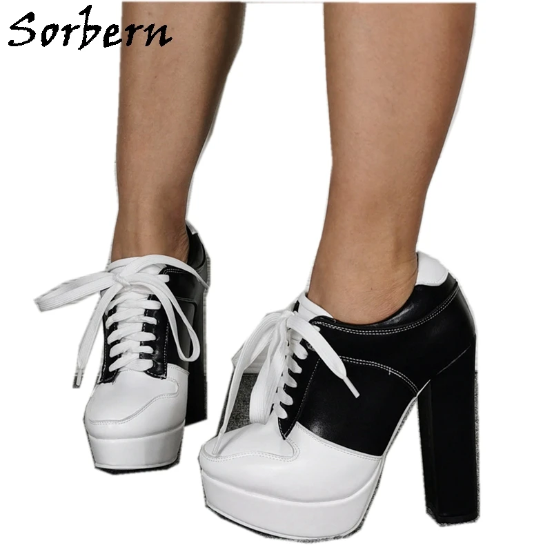 Sorbern White Block High Heel Sneaker Pump Shoes Lace Up Chunky Heeled Shoes Black Pump Heels Platforms Plus Size 2020 Fall