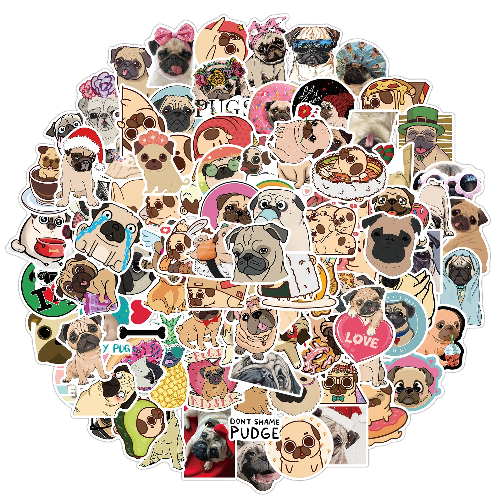 100Pcs 귀여운 퍼그 개 스티커 냉장고 냉장고 스케이트 보드 노트북 수하물 Pegatinas 낙서 장난감에 대 한 동물 데 칼