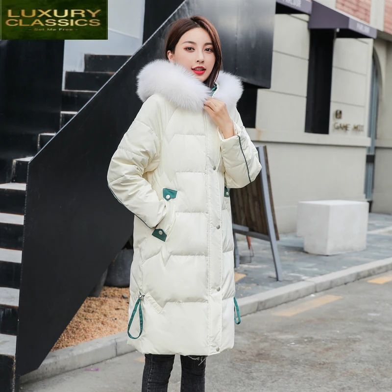 2021 Winter Korean Clothes Long Thick Warm Duck Down Coat Female Real Fox Fur Hooded Down Parkas Ladies Outerwear LW2389