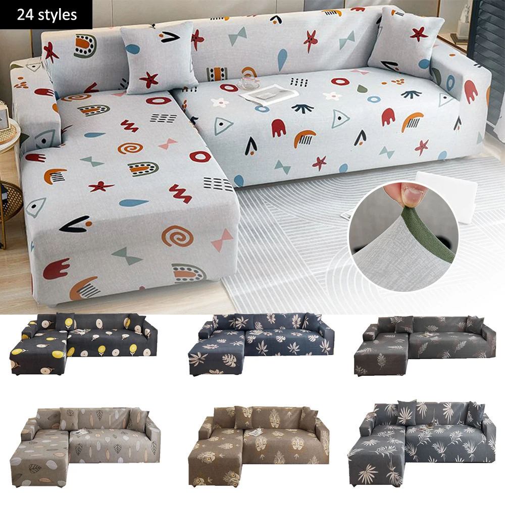 Cartoon Picture Gray L Shape Sofa Covers for Living Room Elastic Stretch Covers Corner Sofa Protector, Chaise Longue, 1, 2, 3 Se