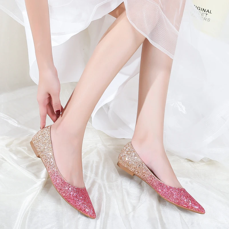 Wedding Shoes Flat Heel Sequins Bling Bling Flats Bride Shoes Gold Silver Pointed Toe Slip on Lazy Shoes Plus Large Size 33-44