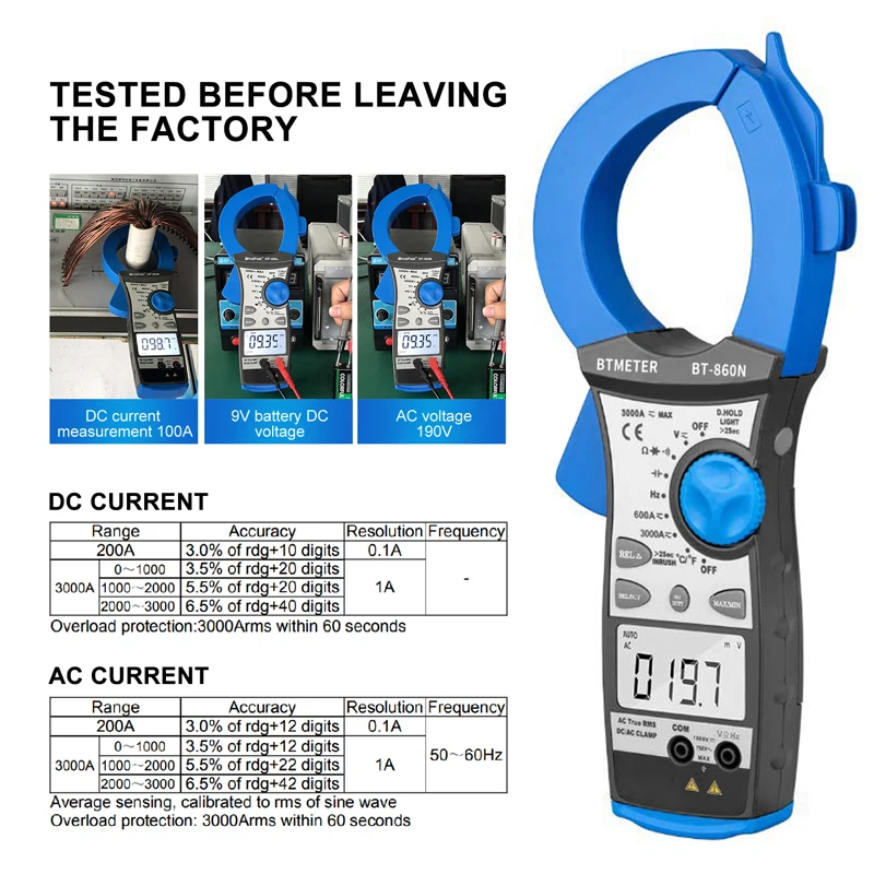 Digital Clamp Meter 3000A Auto Ranging Multimeter with True-RMS for Frequency Resistance Capacitance Voltage Current Testing