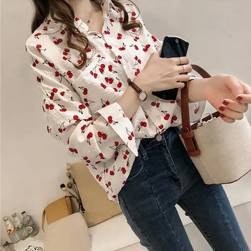 Long Sleeve Shirts Women New Spring Tunic Fashion Streetwear Cherry-print Ins Loose Mujer Vintage Pockets Korean Style College