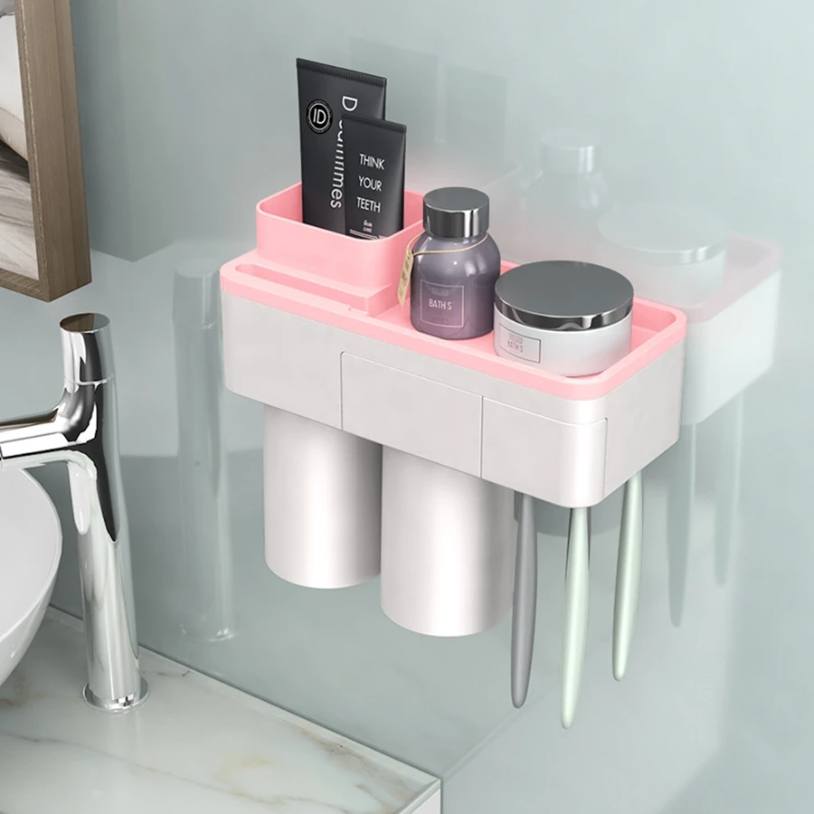 Top Sell Toothbrush Holder Automatic Toothpaste Dispenser With Cup Wall Mount Toiletries Storage Rack Bathroom Accessories Set