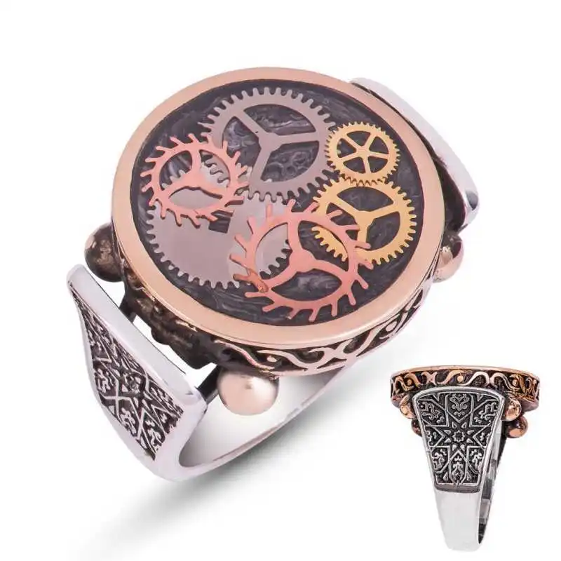 Silver Gray Clock Wheel Men's Ring - 925 Sterling Men's Jewelry Wedding Birthday Gift - Box - For Man - Fashion - Botiva - Size - Turkish - Patterned Embroidery