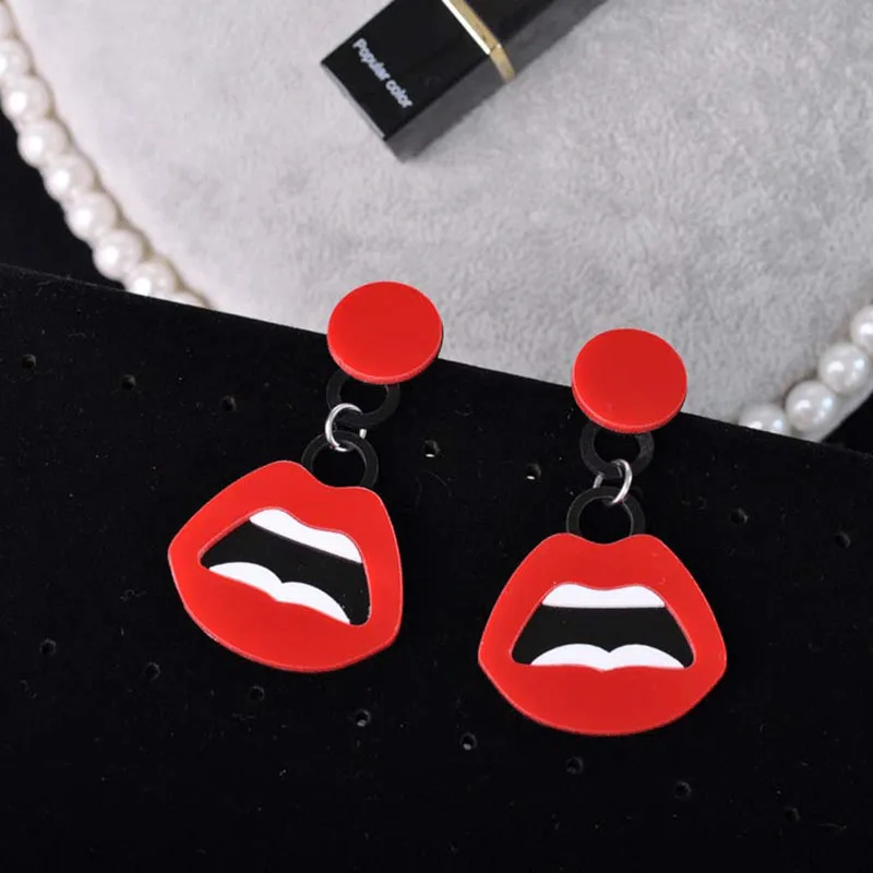 Fashion Sexy Red Mouth Lips Drop Earrings For Women Girls Hip-Hop Punk Geometric Long Dangle Earring Nightclub Jewelry Brincos