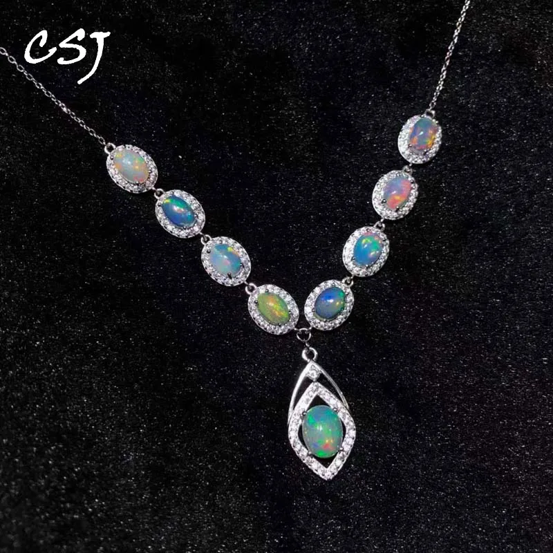 

CSJ Genuine Natural Opal Necklace Sterling 925 Silver Pendants Black Opal for Women Wedding Engagement Party Gift Fine Jewelry