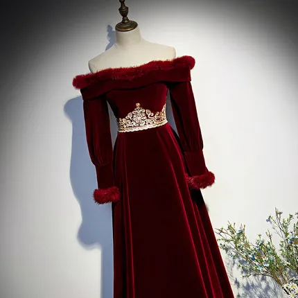 vintage wine red embroidery velvet feather slash collar dress gown princess medieval long dress Renaissance gown queen Victoria