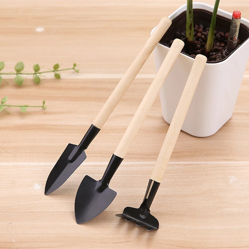 Garden Tools Set 3pcs Household Mini Shovel Harrow Set Wooden Handle Metal Head Tools Dollhouse Props Garden Toys For Children