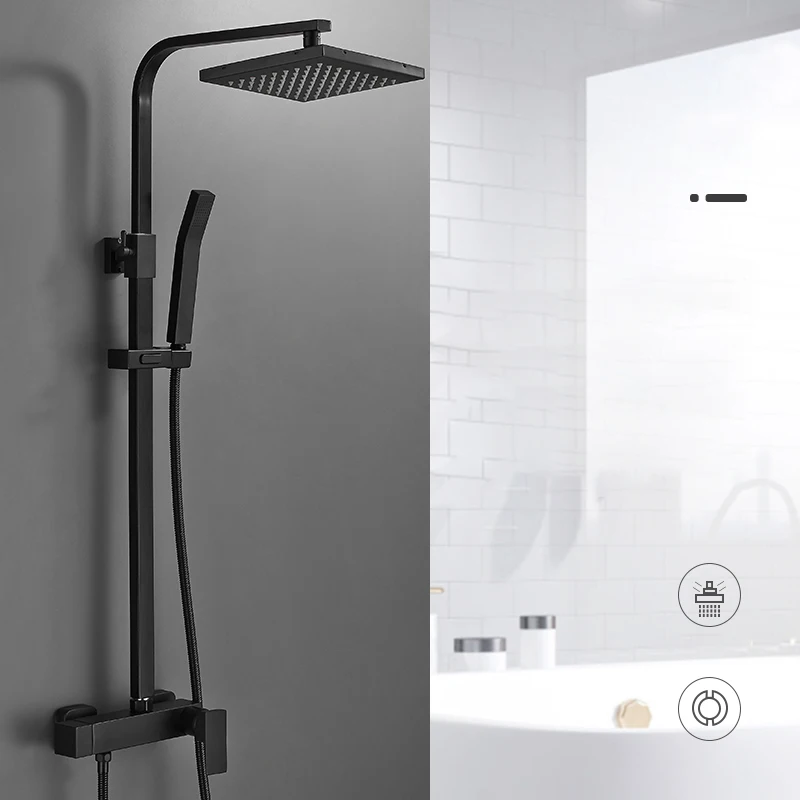 Matte Black Rainfall Shower Faucet Bathroom Shower Mixer Faucet & Storage Shelf Shower Thick Stainless Steel Brass Material