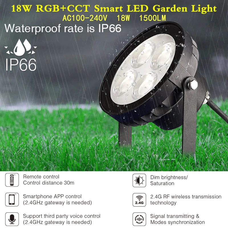 18W RGB+CCT Garden Landscape LED Light Waterproof Outdoor Lamp 1500LM Wireless Control 220V;2.4G Wifi Voice Need Match WL-Box1