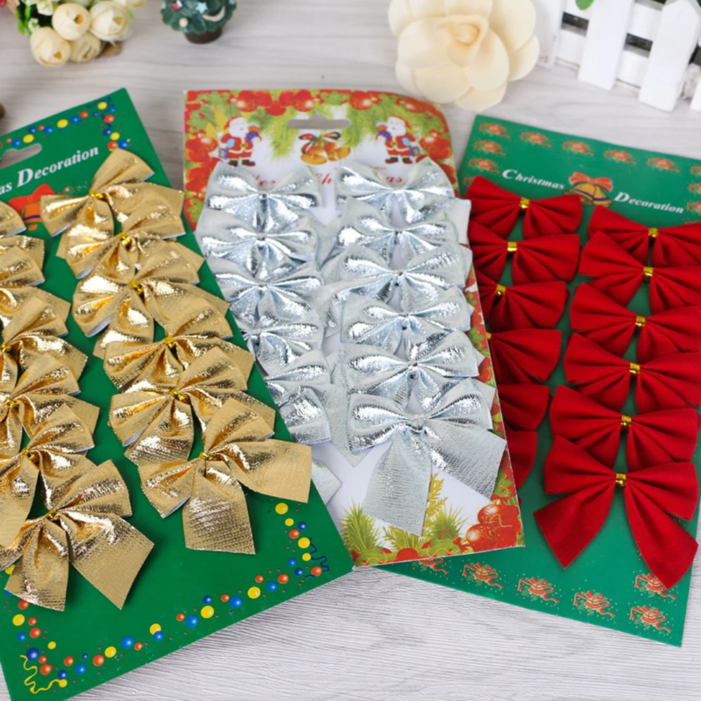 12pcs Christmas Bow Hanging Decoration Gold Silver Red Bowknot Home Christmas Ornaments Xmas Tree Decor New Year Gift