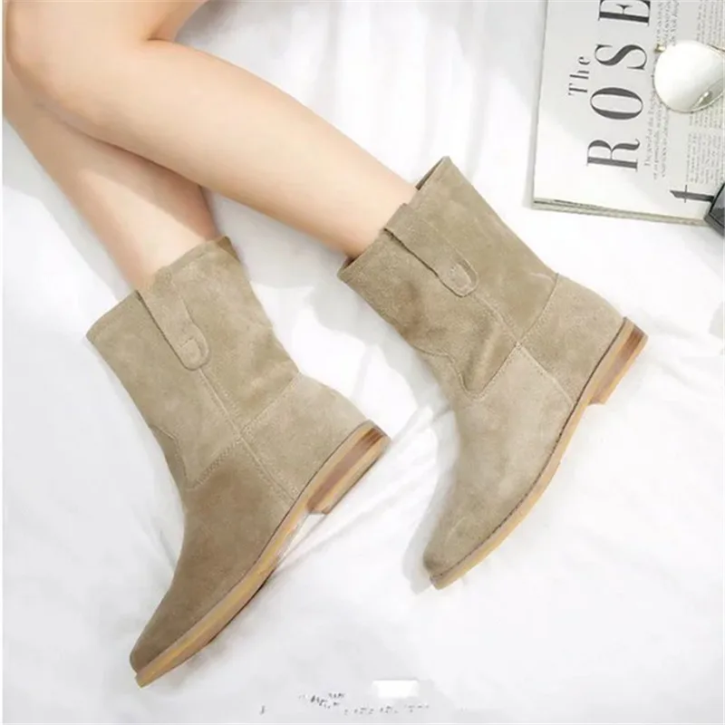 Buty do kostki ze skóry naturalnej dla kobiet dorywczo płaskie buty kobieta krótkie botki Slip-on Chelsea Boots jesień Suede Botas Mujer