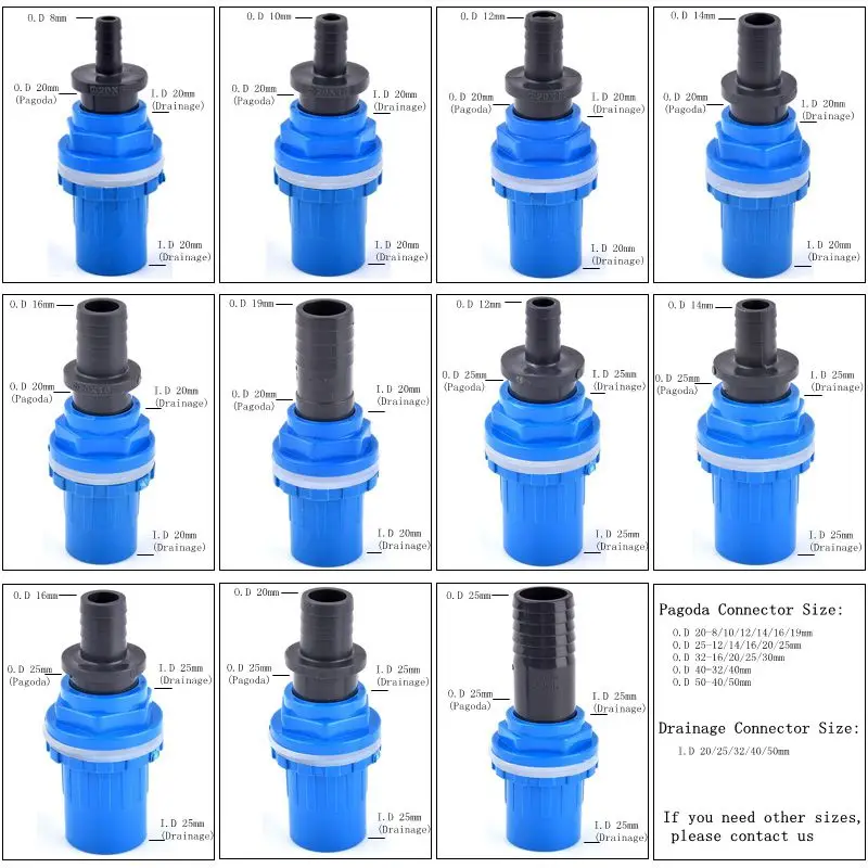 

UPVC Pipe Fish Tank Joint Set Pagoda Drainage Connector Garden Irrigation Soft Hose Adapter O.D 20/25-8/10/12/14/16/19/20/25mm