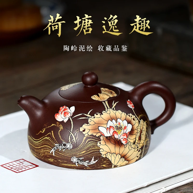 

|mud painting Zhang Xiaoling TaoLing warping clay teapot pure handmade ceramic tea-pot lotus tea set and a half months