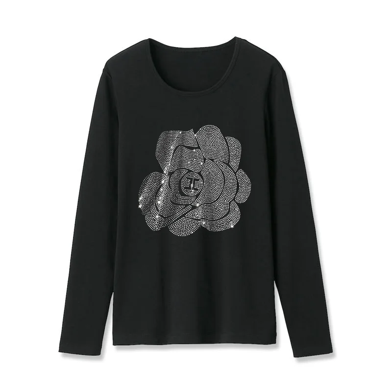 

Autumn New Fashion Comfortable Loose long-sleeve T-shirt for women Casual personality Flowers pattern Hot diamonds female tops