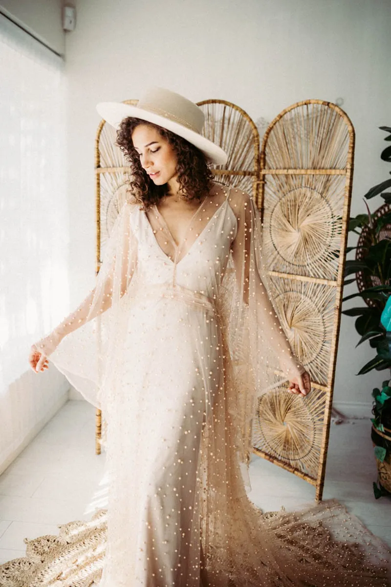 Bohemian Beading Pearls Maternity Photo Shoot Dress See Through Pearls Boho Maternity Photography Dress Maxi Gown Side Slit