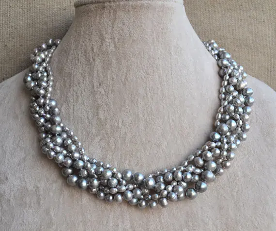 

Favorite Choker Pearl Necklace 5 Rows Gray Genuine Freshwater Pearl Jewelry Handmade Charming Birthday Party Fine Lady Gift